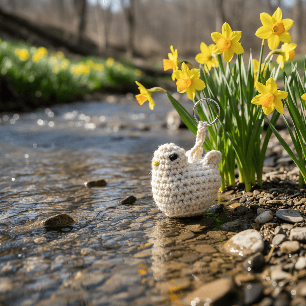Crocheted chick keychain on a stone path with daffodils in the background